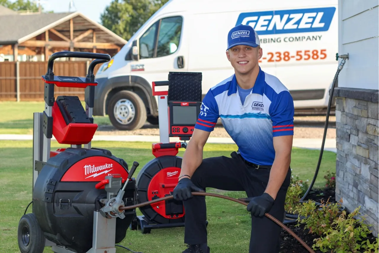 Genzel Plumbing technician with a drain camera and cable machine