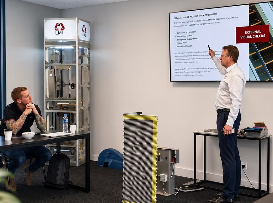 An LML training session in progress at the Rowville training centre, using cutaway lift equipment