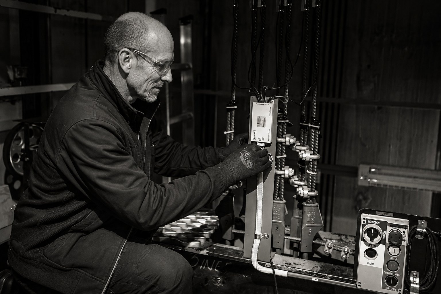 An LML consultant inspecting rope terminations and governor equipment in a lift machine room