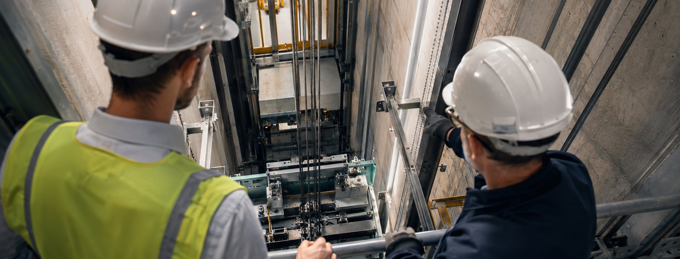 Two consultants in hard hats and hi-vis assessing lift equipment from a landing