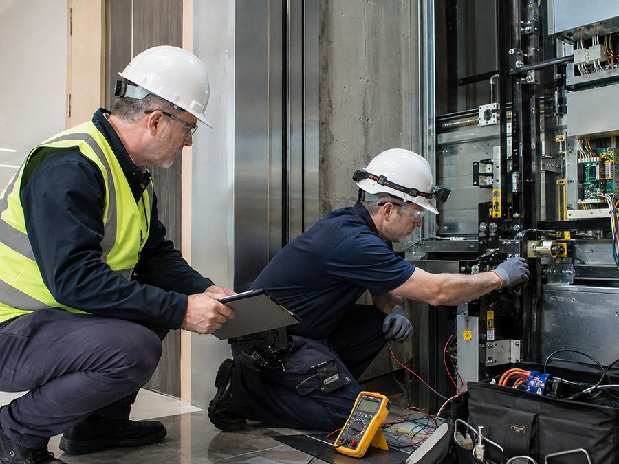 A consultant recording work on a tablet while a technician tests a landing door operator