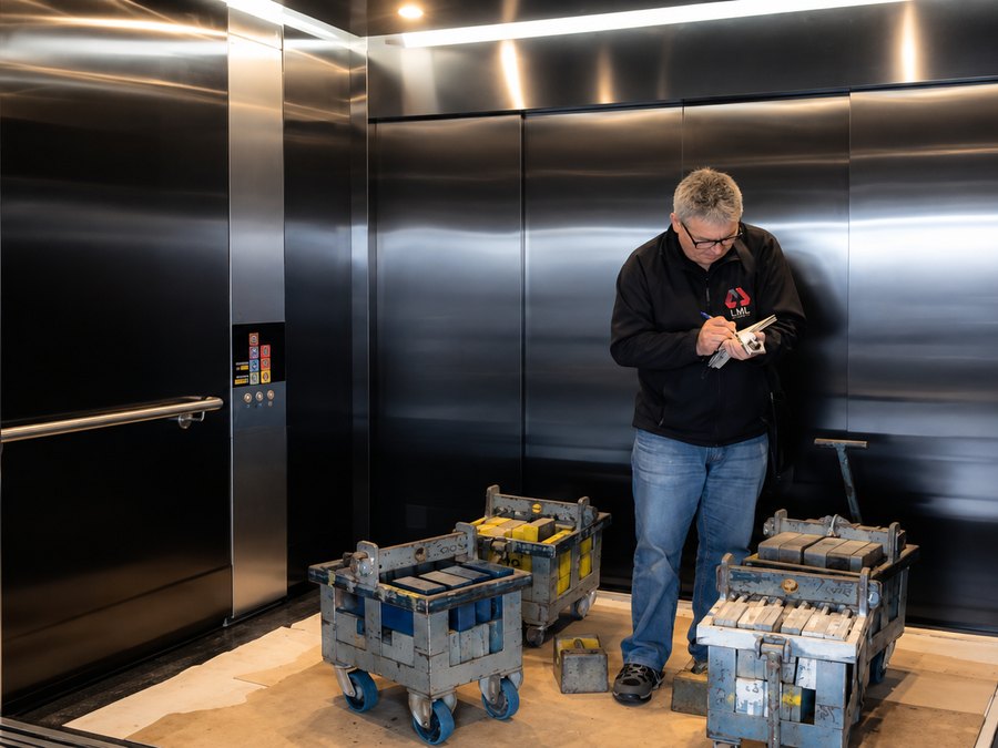 An LML consultant recording results beside stacked test weights during a lift load test