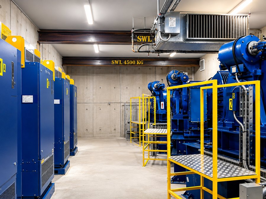 A machine room with a row of lift controllers and geared traction machines beneath a lifting beam