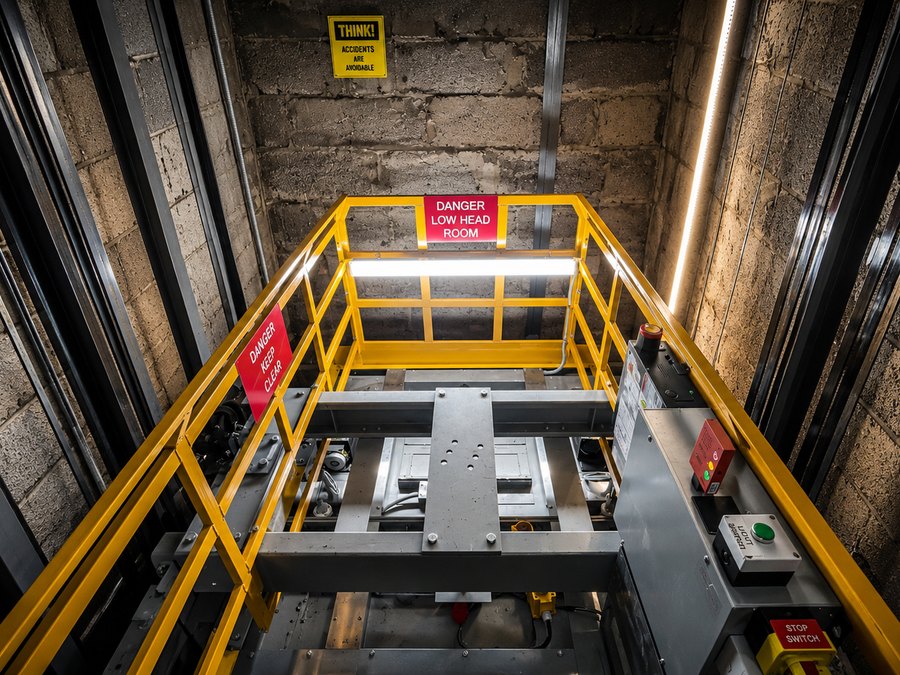 Lift car top with yellow guard rail and low head room danger signage