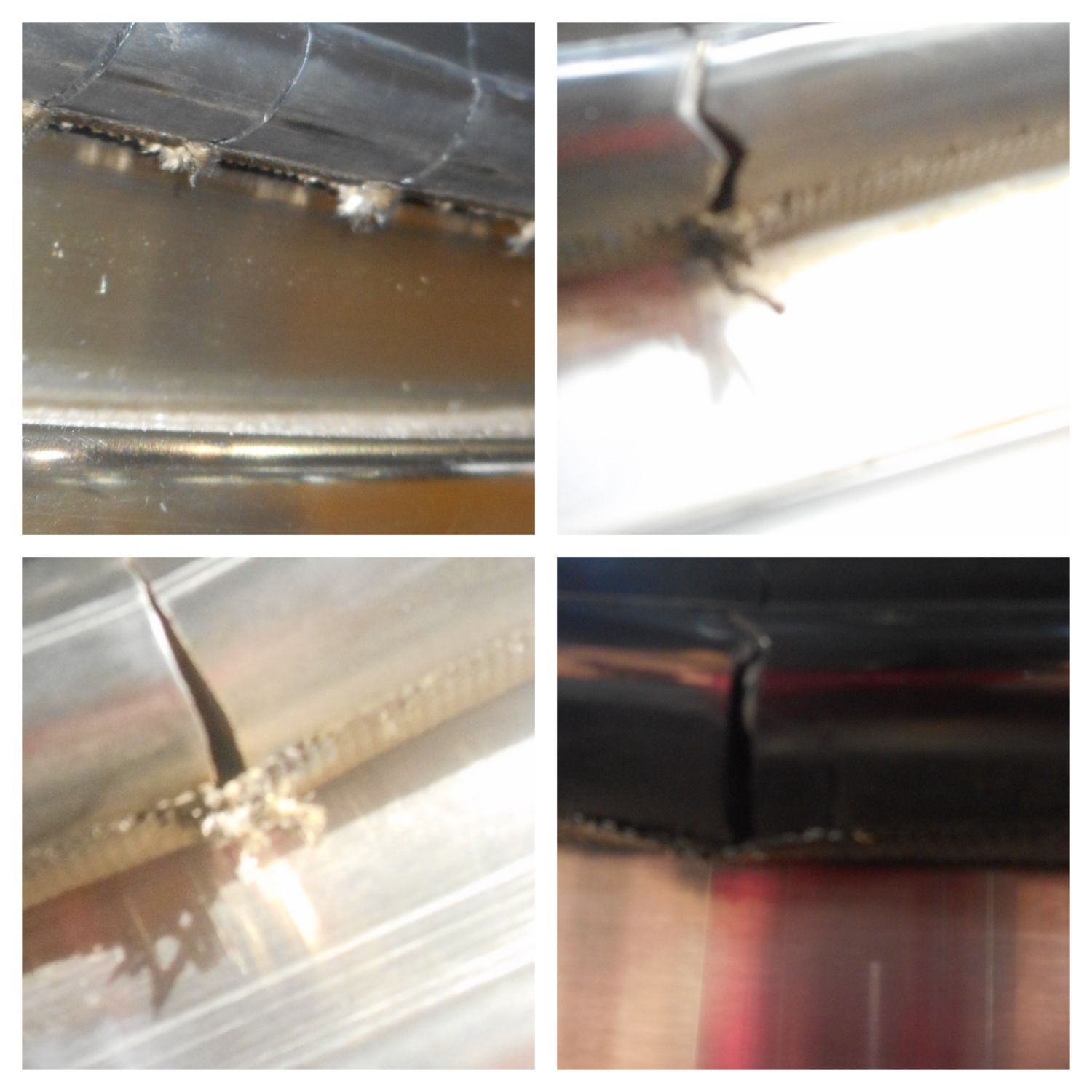 Four close-up photographs of escalator handrails, each showing a split or tear in the rubber with frayed material along the underside edge, found during a safety inspection.
