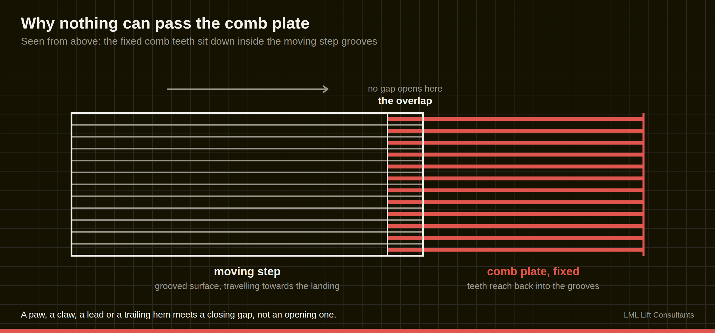 Plan view of an escalator step's grooved surface meeting the fixed comb plate, the red teeth reaching back into the grooves so no gap opens