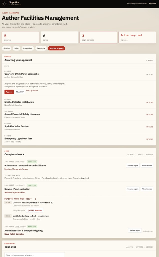 Dingo Fire client portal showing quotes, jobs, defects and properties