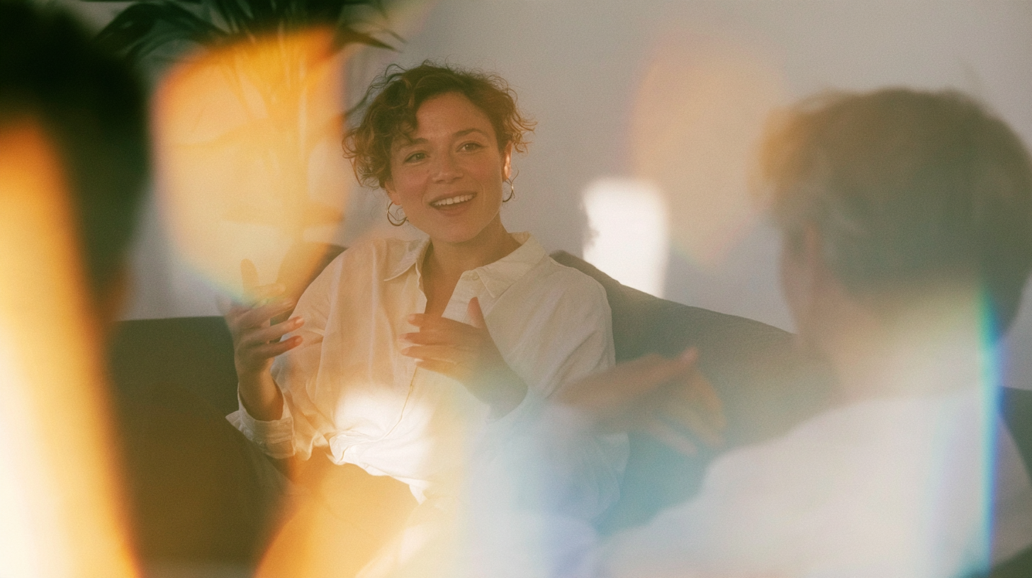 A woman in a white shirt smiling and looking to the right in a bright indoor setting.