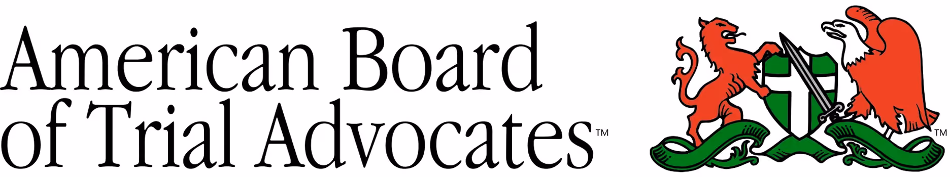 American Board of Trial Advocates text with a red lion and eagle holding a green shield and sword emblem.