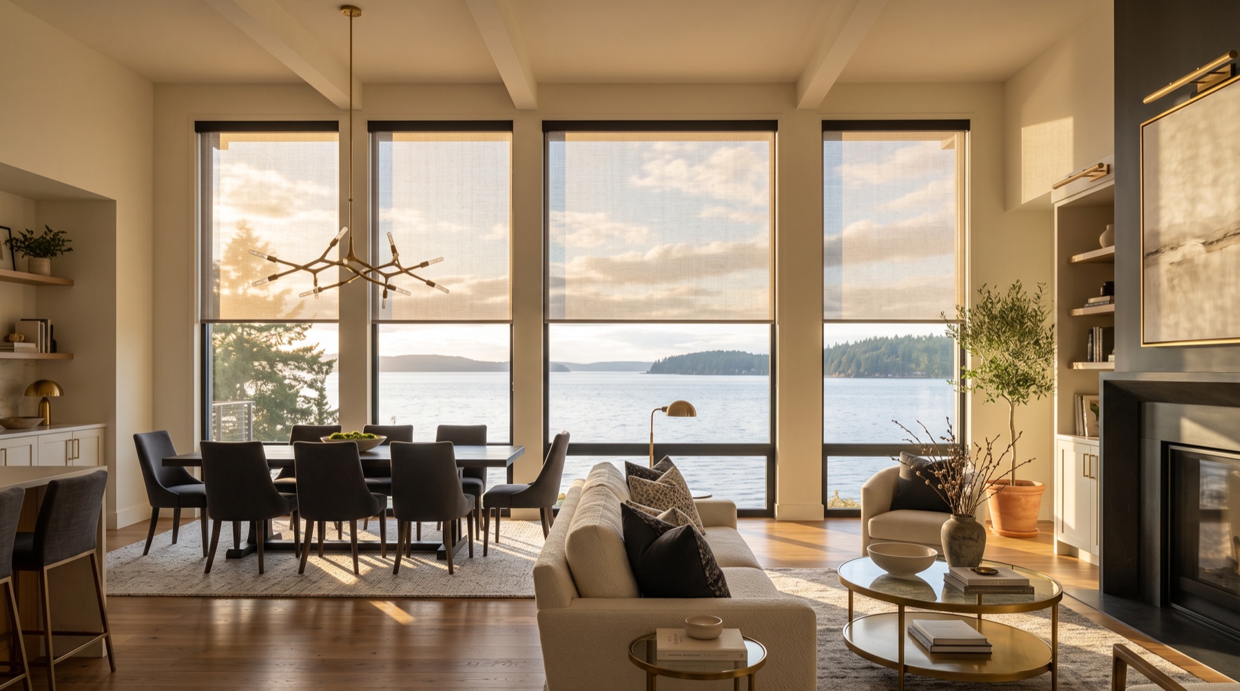 Motorized shades in a Bainbridge Island living room