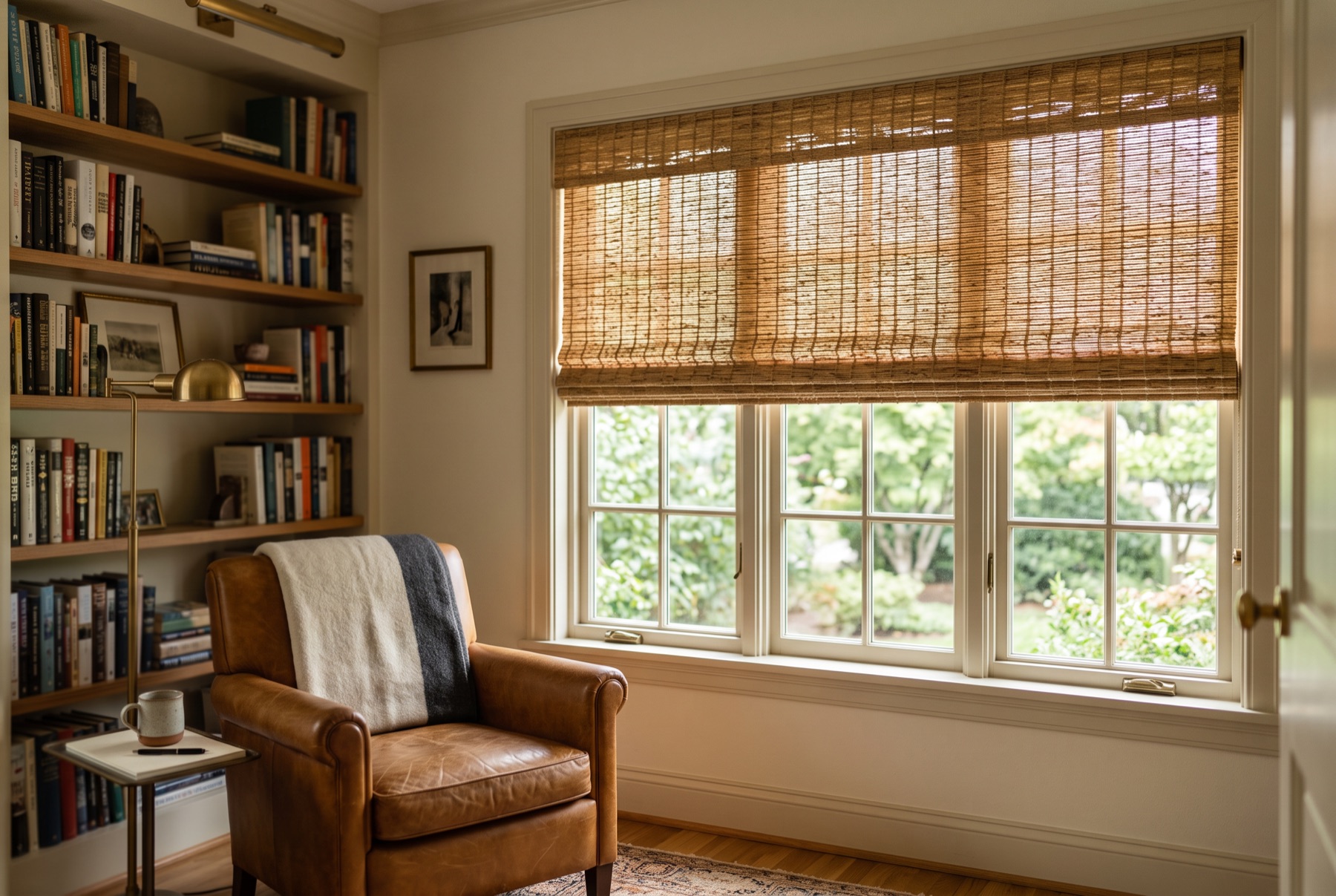 Woven wood shades in a Bainbridge Island home