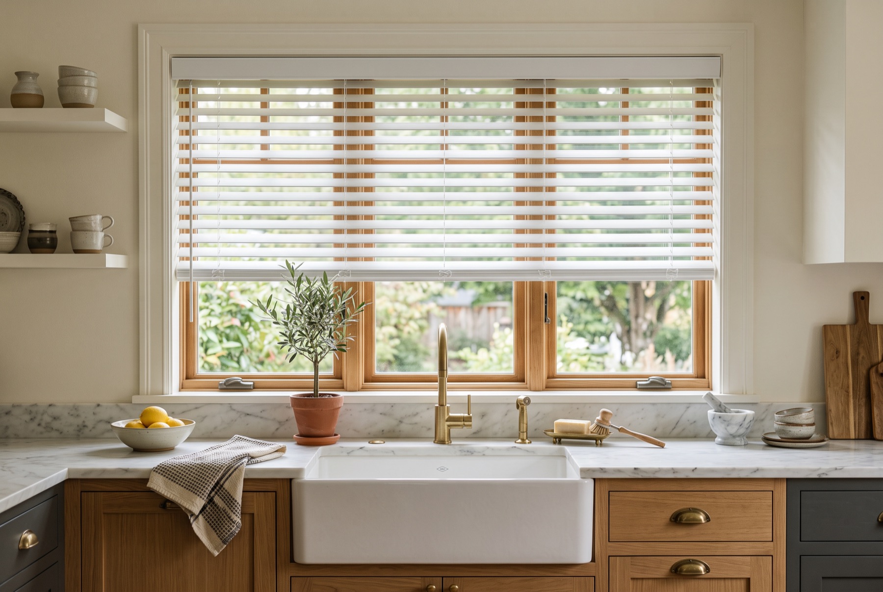 Faux wood blinds in a Bainbridge Island home
