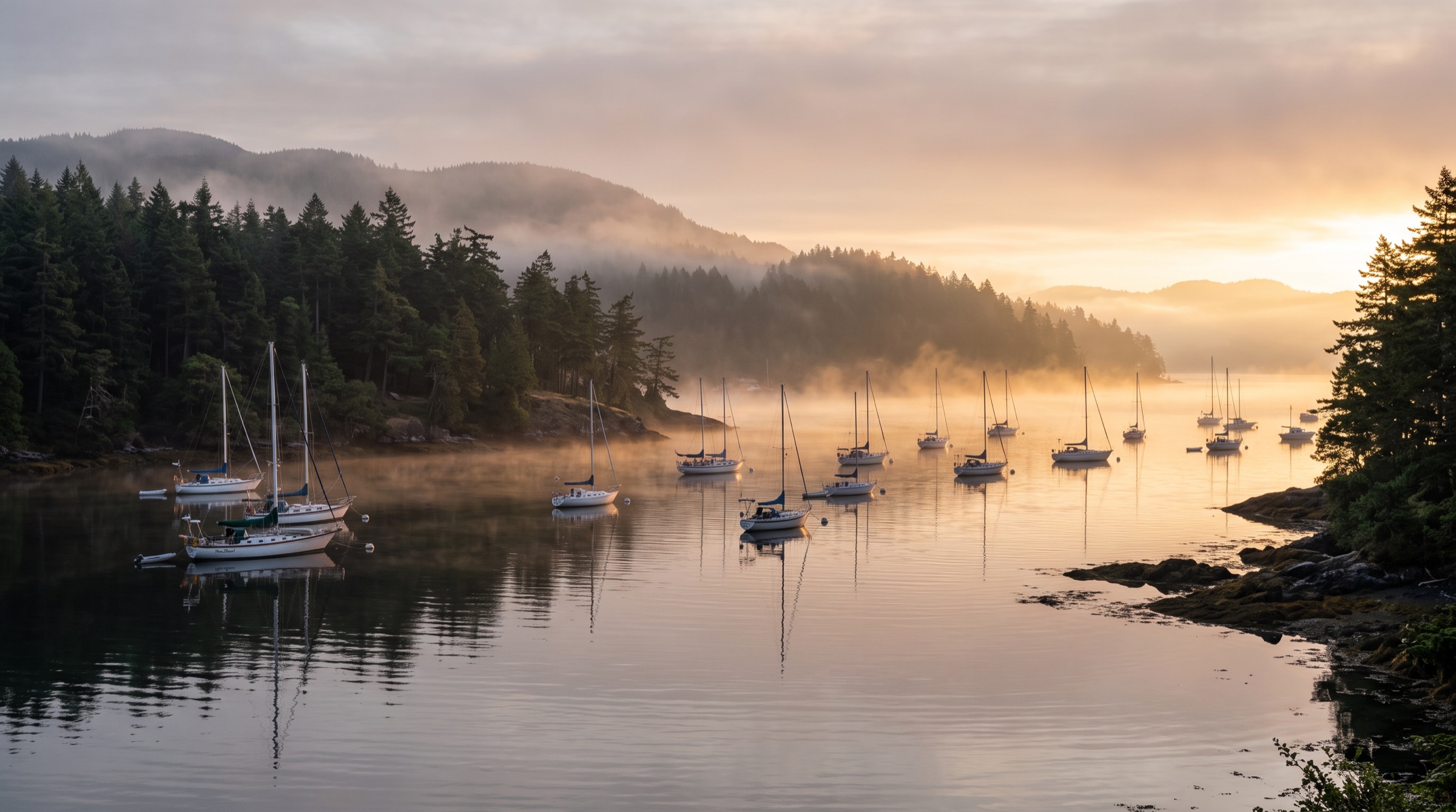 Misty harbor at sunrise with sailboats at anchor and an evergreen shoreline