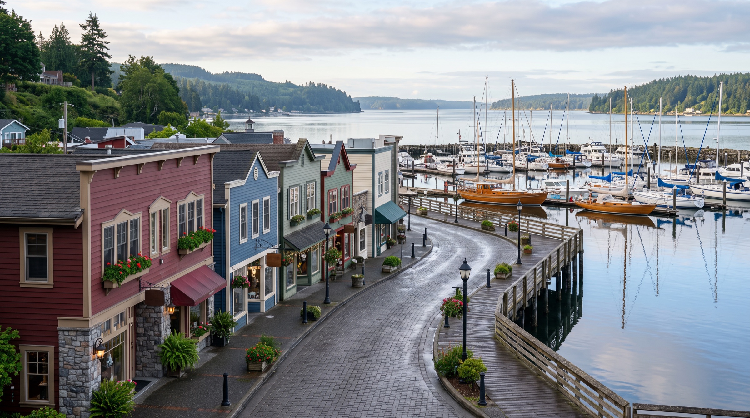 Waterfront village and marina on Liberty Bay in morning light