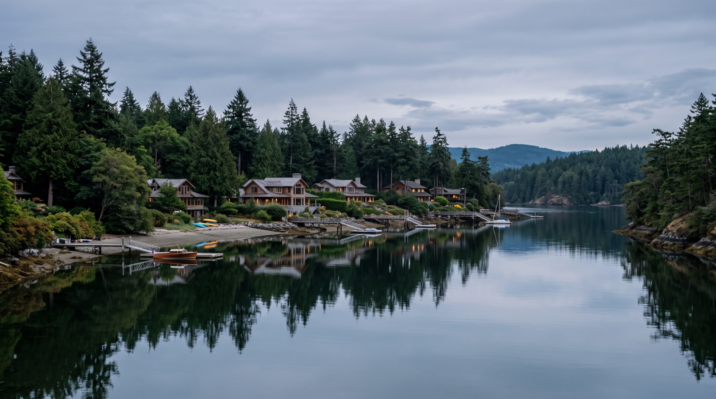 Calm inlet with homes along a tree-lined shore