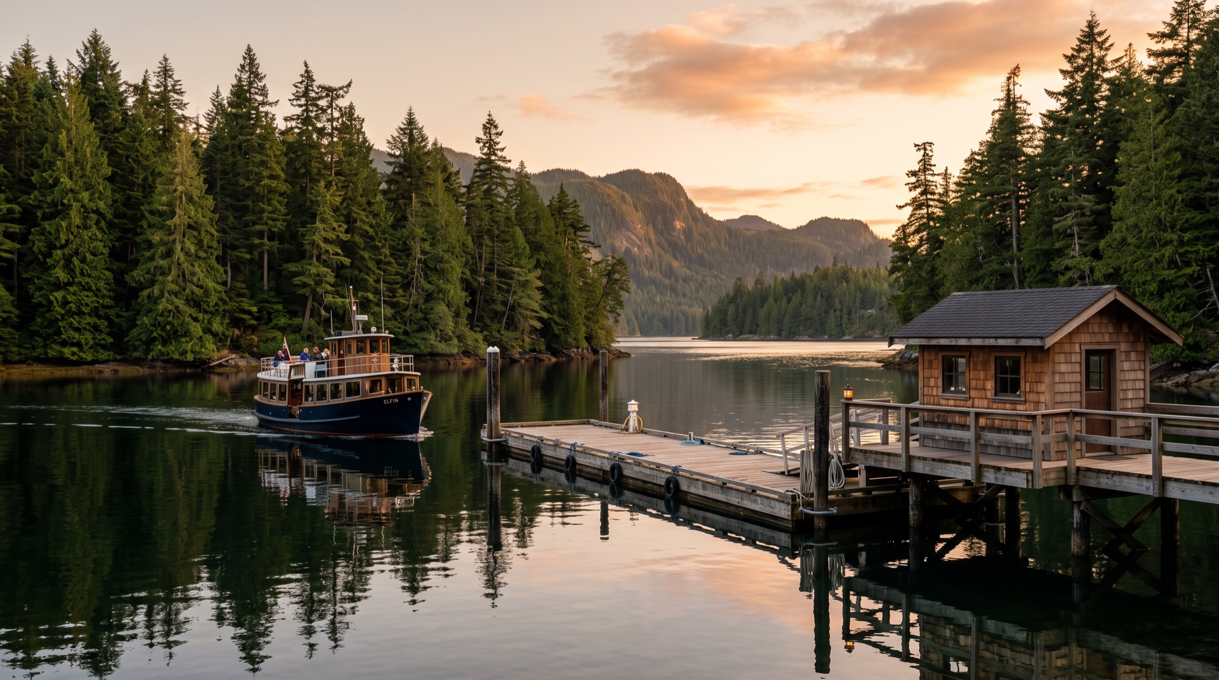 Ferry approaching a small dock at golden hour framed by evergreens