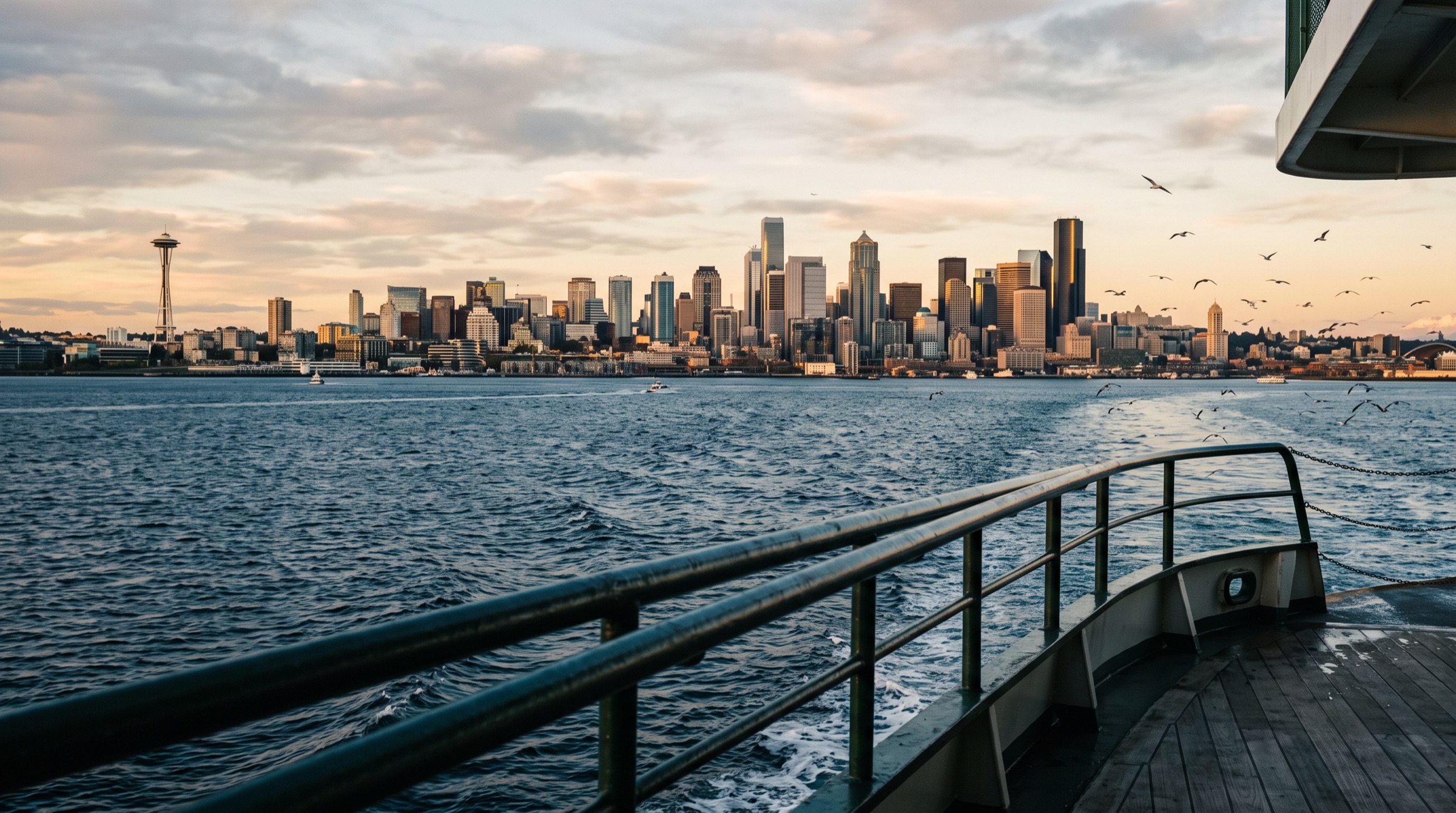 Seattle skyline seen from a ferry deck across open water