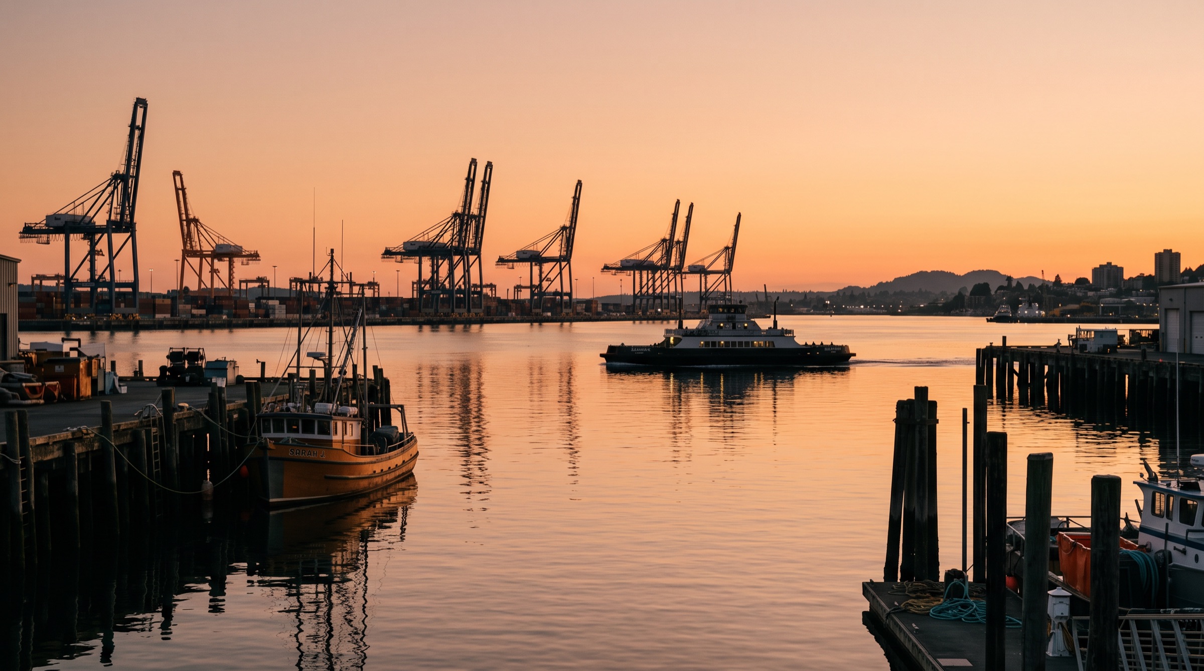 Bremerton working waterfront at golden hour with a ferry in the distance