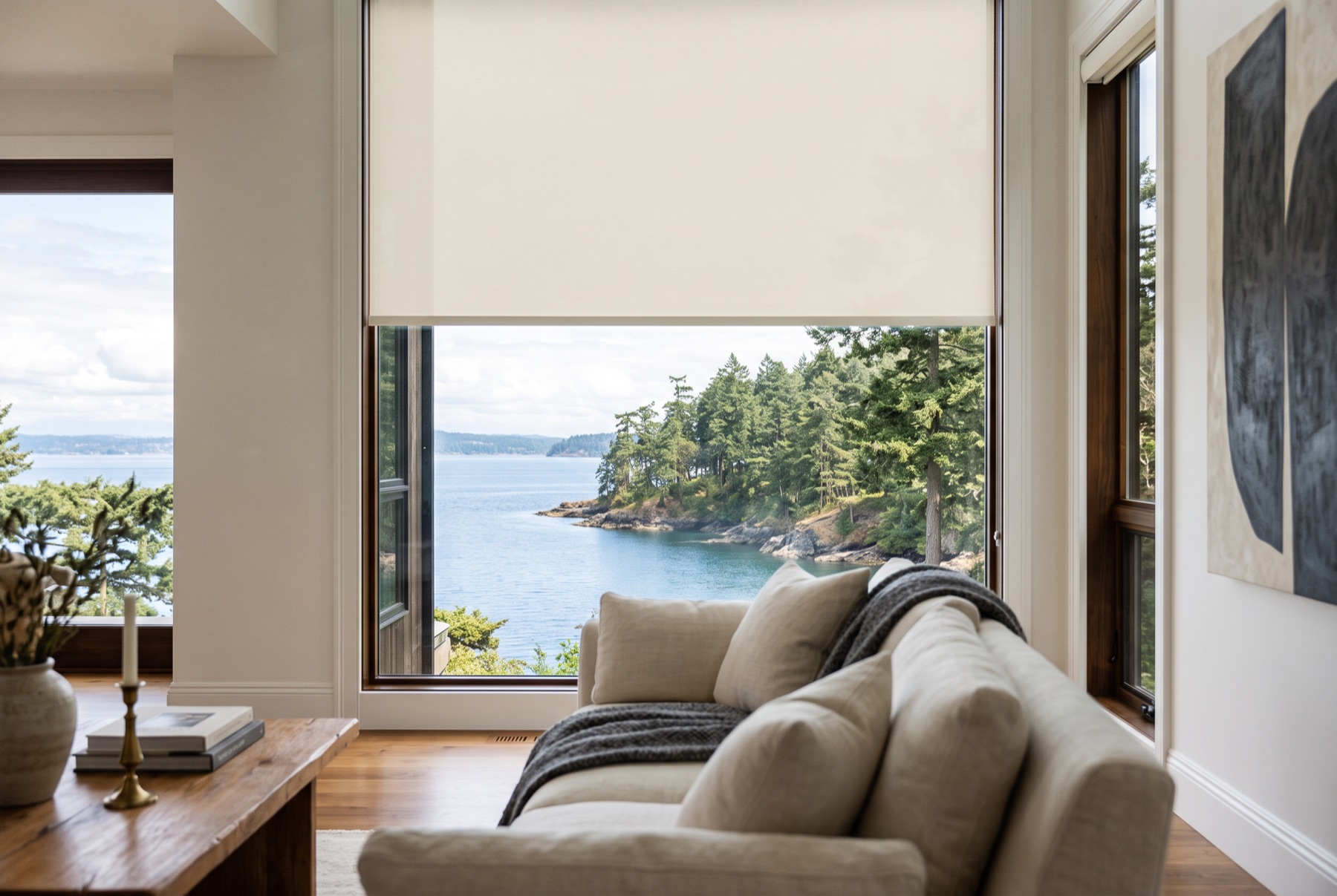 Roller shades on a window in a Bainbridge Island home