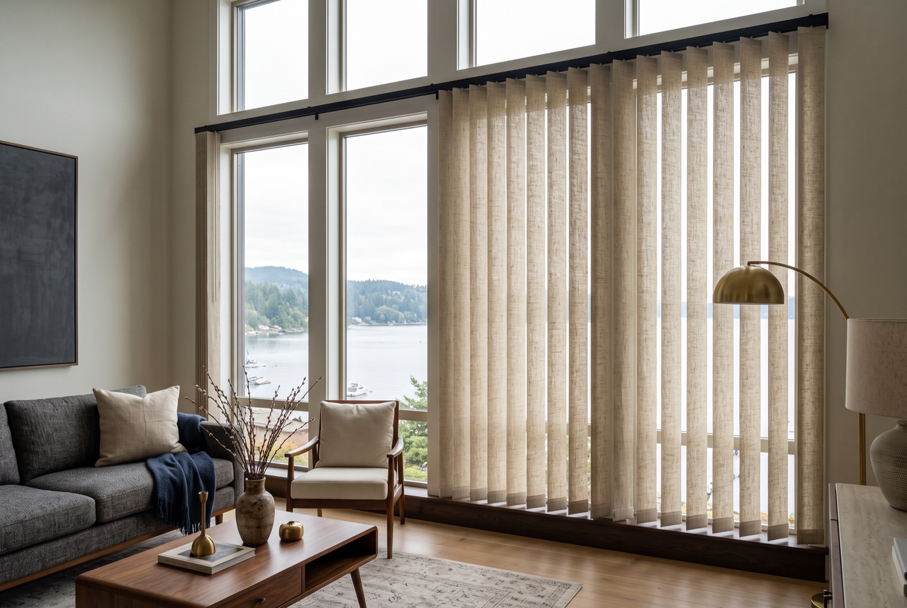 Woven vertical shades in a Bainbridge Island home