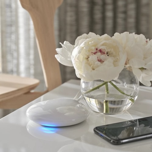 PowerView® Gateway hub on a side table next to a phone and fresh peonies