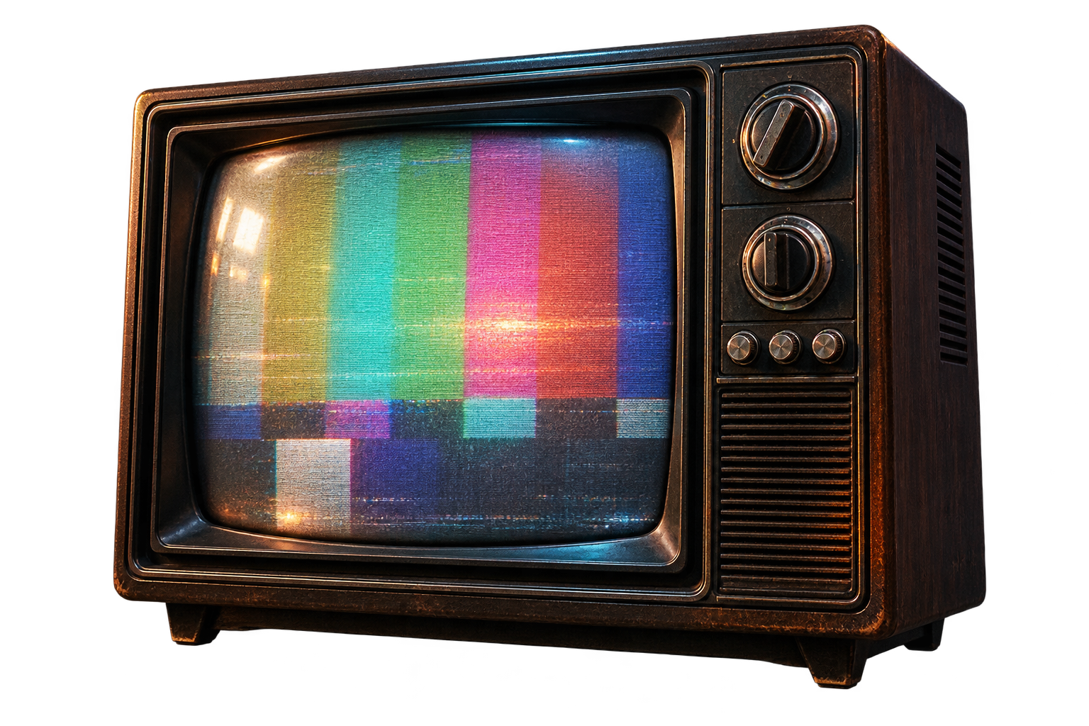 A 80s-era tv showing color bars on its display.