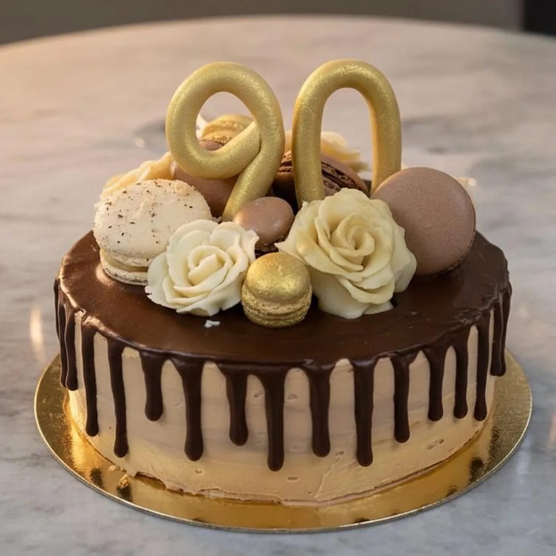 Drip-Torte mit Schokolade, Macarons und goldener 90
