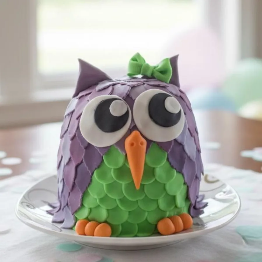Kindertorte in Form einer lila Eule