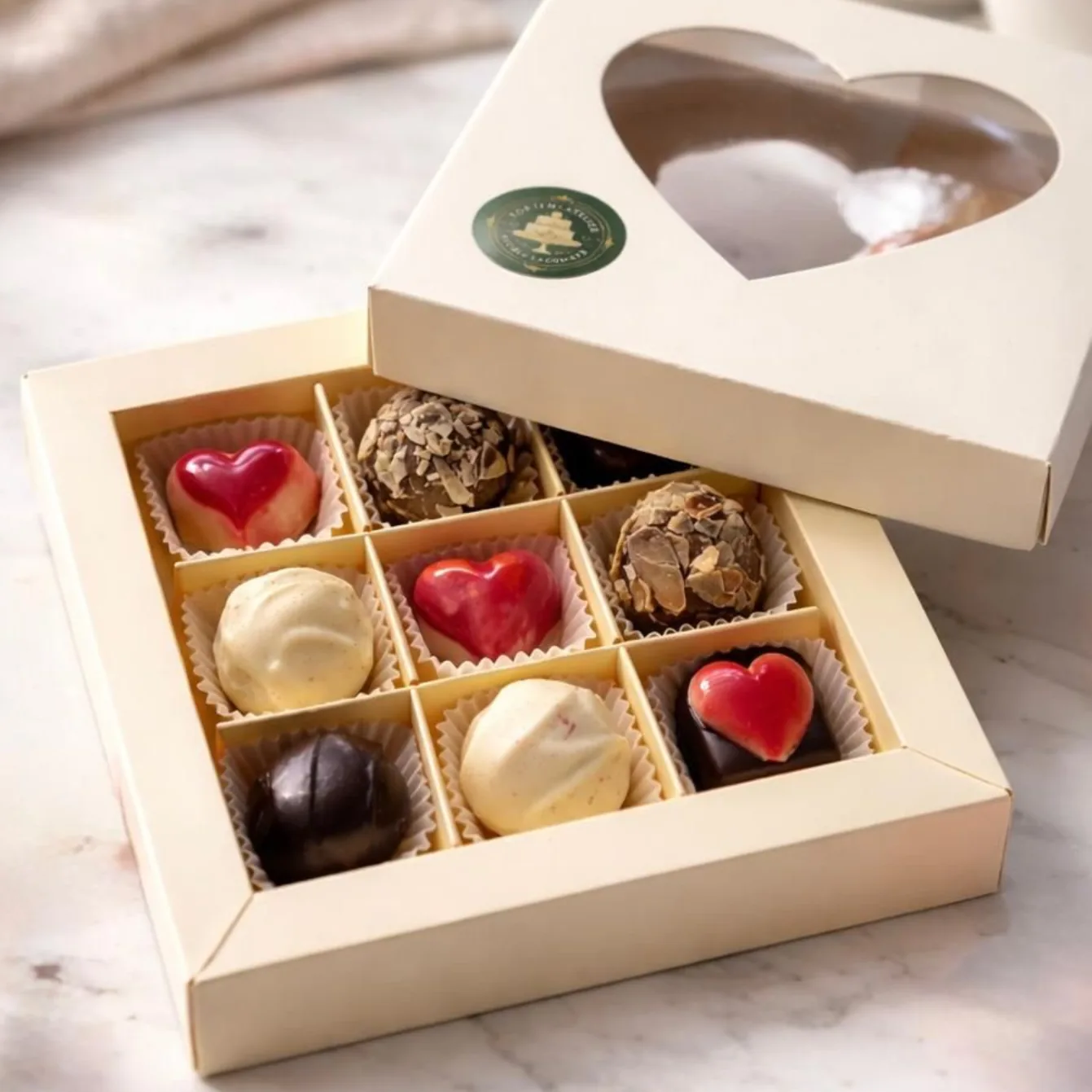 Geöffnete Schachtel mit neun handgemachten Pralinen, darunter Herzpralinen