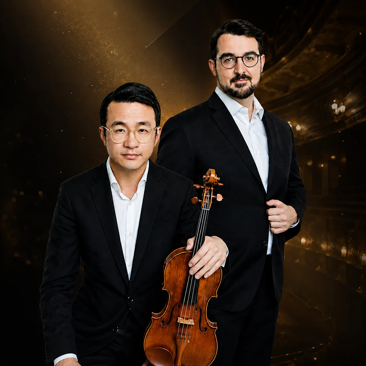 Two men in black suits and glasses, one holding a violin, posed against a dark background with lights.