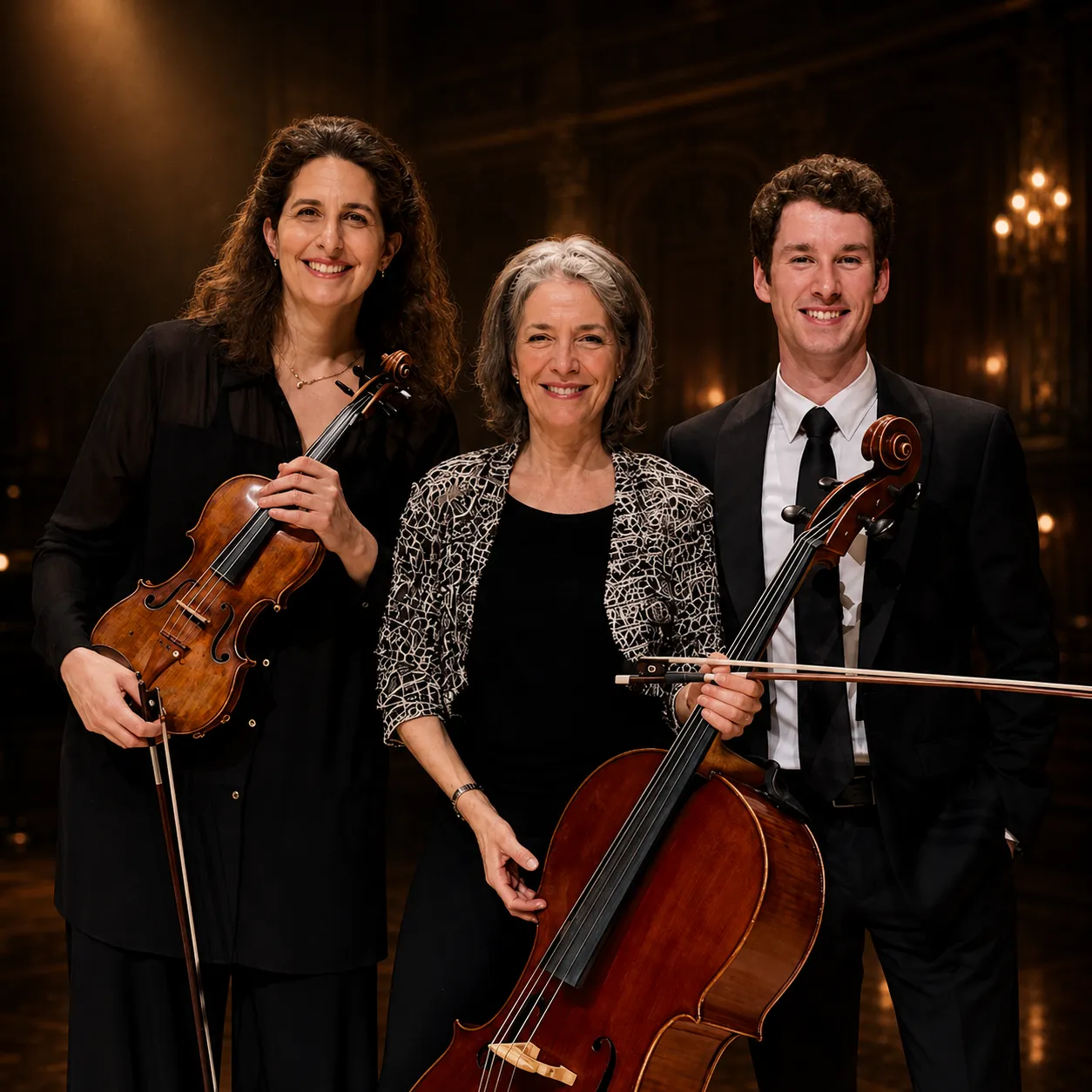 Three smiling classical musicians holding a violin, cello, and bow in a dimly lit elegant hall.