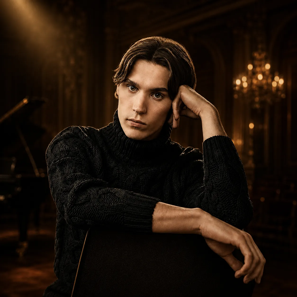 Young man in black sweater leaning on chair with ornate room and chandelier in the background.