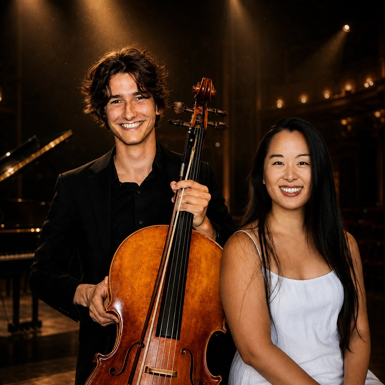 Smiling man holding a cello and woman in a white dress seated in a warmly lit concert hall.