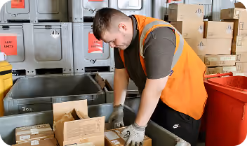 Warehouse worker wearing an orange vest sorting boxes into bins in a shipping area.