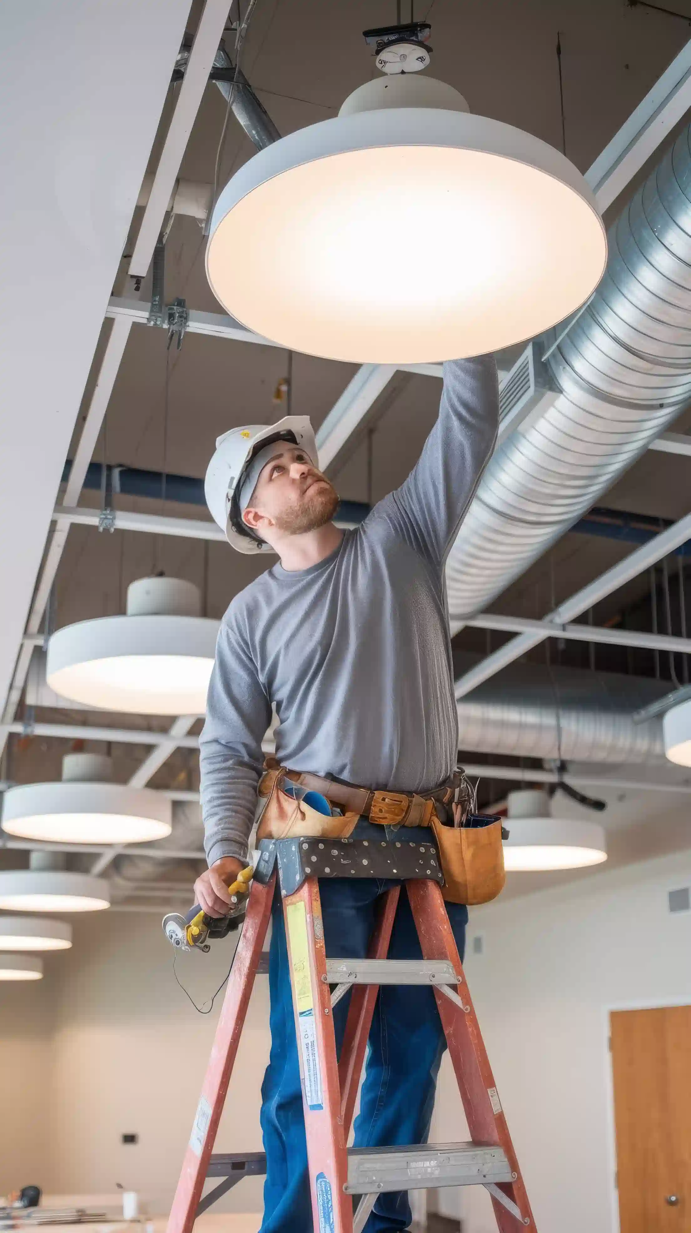 Ceiling lighting being installed and aligned by an electrician
