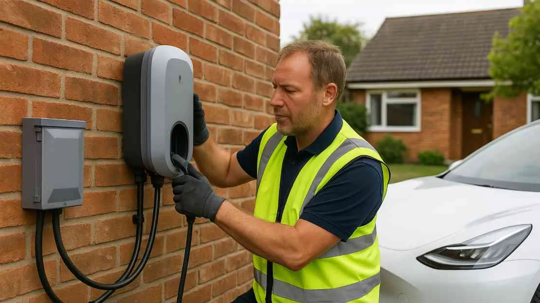 EV charging unit mounted on a garage wall