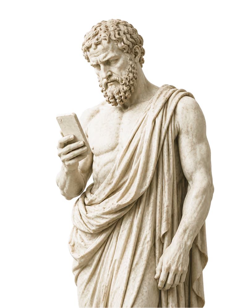 Marble statue of a bearded man in classical robes looking at a modern smartphone.