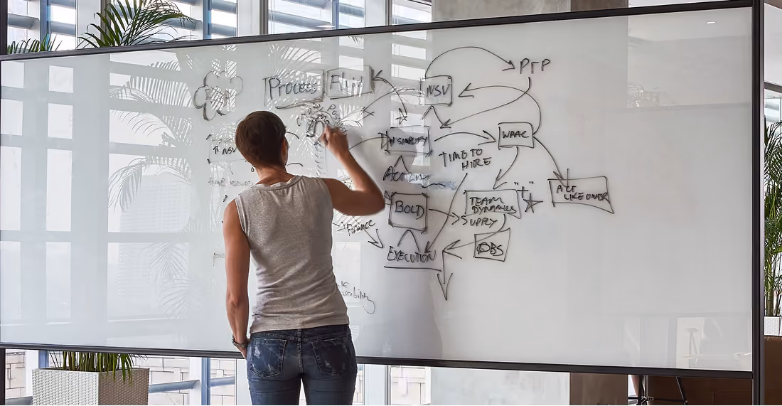 Person writing a complex flowchart on a large glass whiteboard in an office setting.