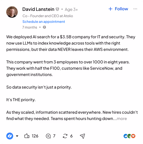 LinkedIn post by David Lanstein discussing AI search deployment for IT security with focus on data privacy.