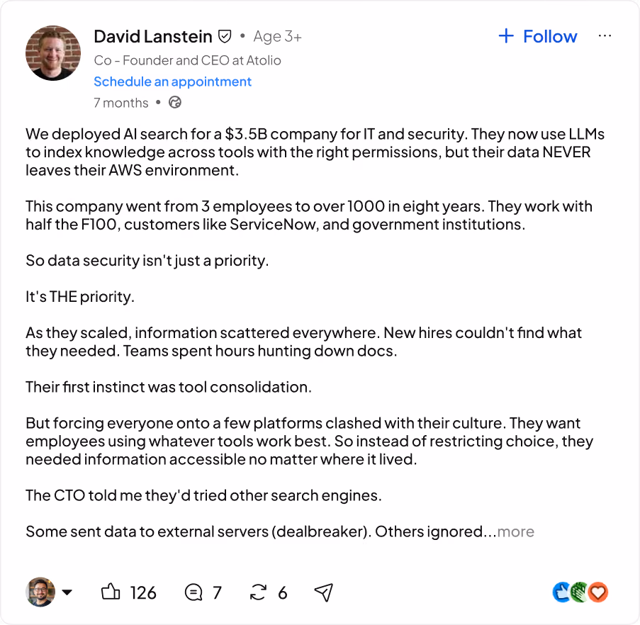 LinkedIn post by David Lanstein discussing AI search deployment for IT security with focus on data privacy.