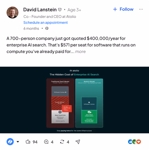 Comparison chart of traditional SaaS vs Atolio model showing cost differences for enterprise AI search.