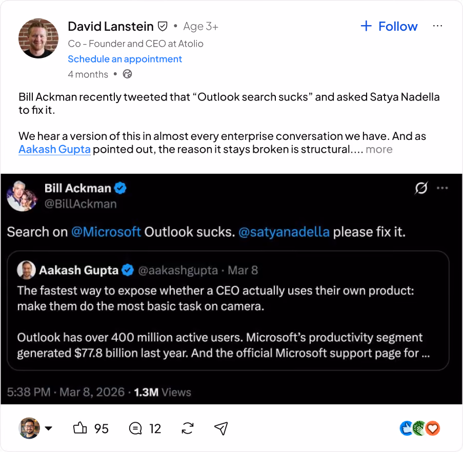 LinkedIn post by David Lanstein showing tweets by Bill Ackman and Aakash Gupta about Outlook search issues.