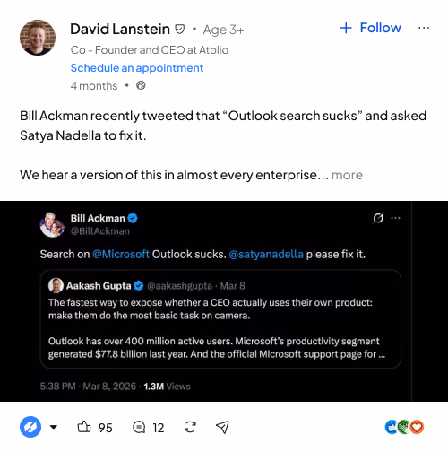 LinkedIn post by David Lanstein showing tweets by Bill Ackman and Aakash Gupta about Outlook search issues.