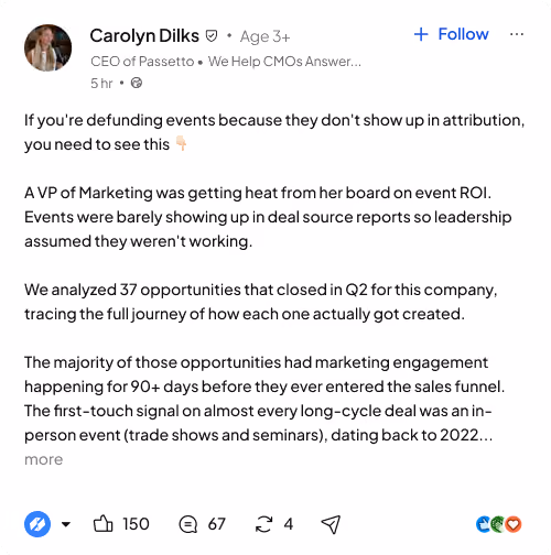 LinkedIn post by Carolyn Dilks about marketing event ROI, sales funnel timing, and trade show impact.