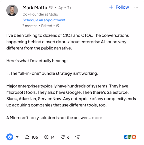 Social media post by Mark Matta on enterprise AI challenges with Microsoft, Copilot, and multi-tool strategies.