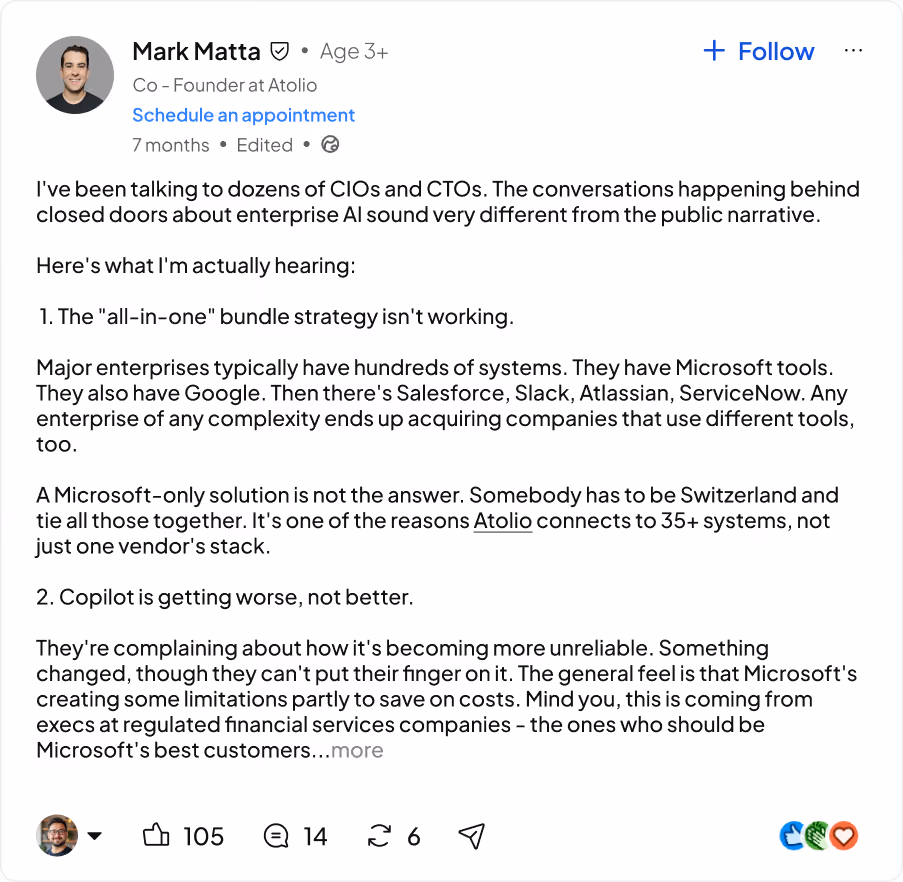 Social media post by Mark Matta on enterprise AI challenges with Microsoft, Copilot, and multi-tool strategies.