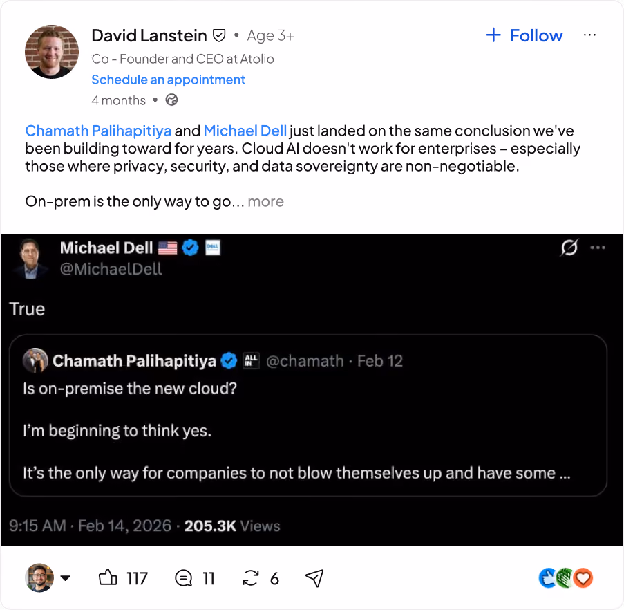 LinkedIn post by David Lanstein on cloud AI limits with privacy concerns and on-premise solutions, quoting tweets.
