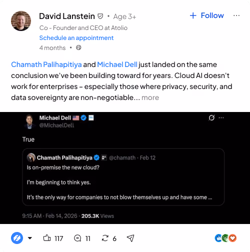 LinkedIn post by David Lanstein on cloud AI limits with privacy concerns and on-premise solutions, quoting tweets.