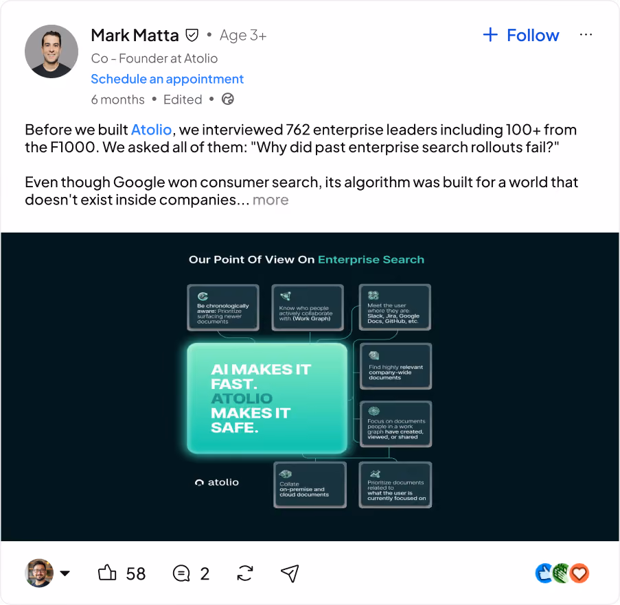 LinkedIn post by Mark Matta about enterprise search with infographic on AI-powered, fast, and safe Atolio features.