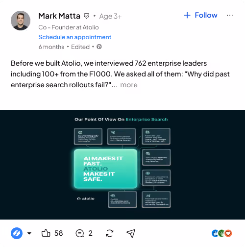 LinkedIn post by Mark Matta about enterprise search with infographic on AI-powered, fast, and safe Atolio features.